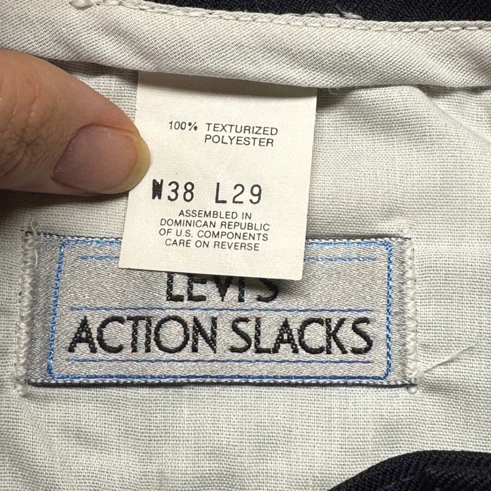 Levis Action Slacks Mens 38x29 Navy Blue Vintage Polyester Dress Pants Trousers